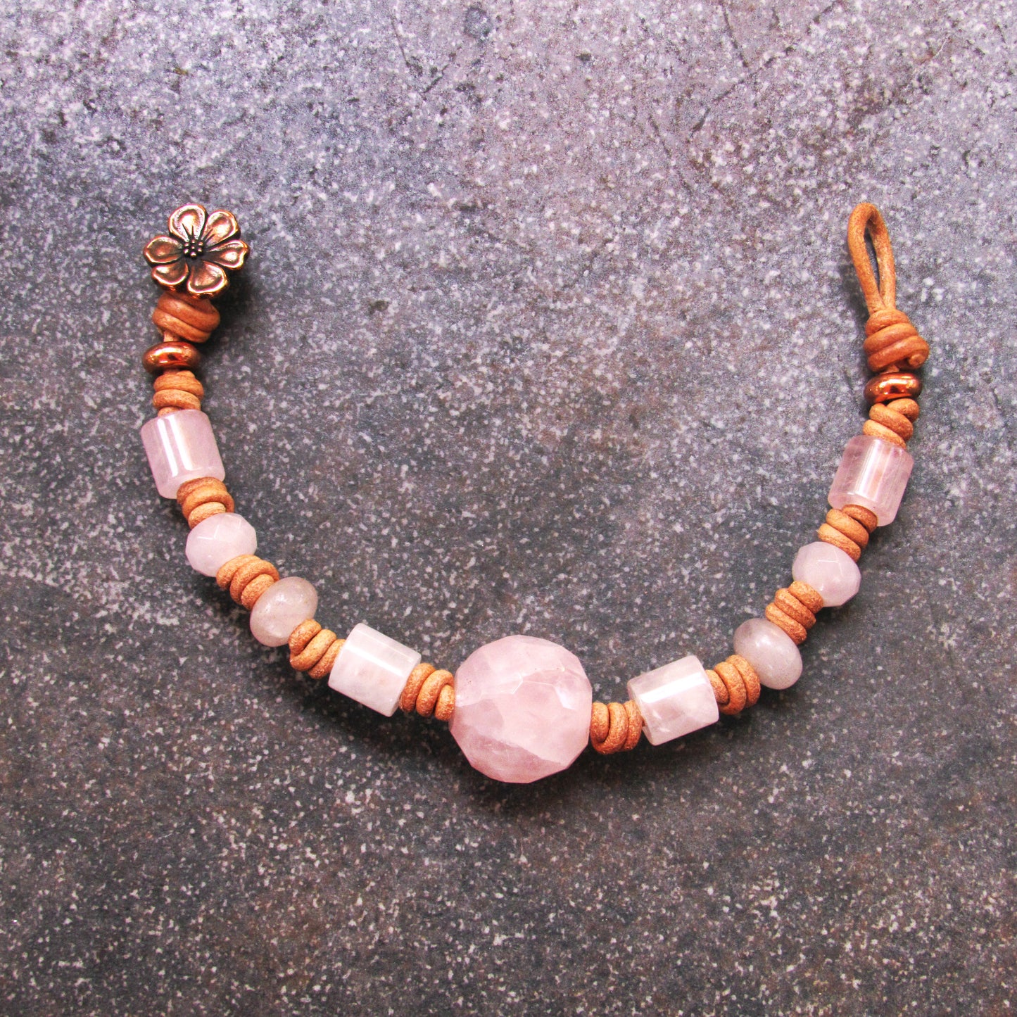 Rose Quartz and Leather Bracelet with Copper Button