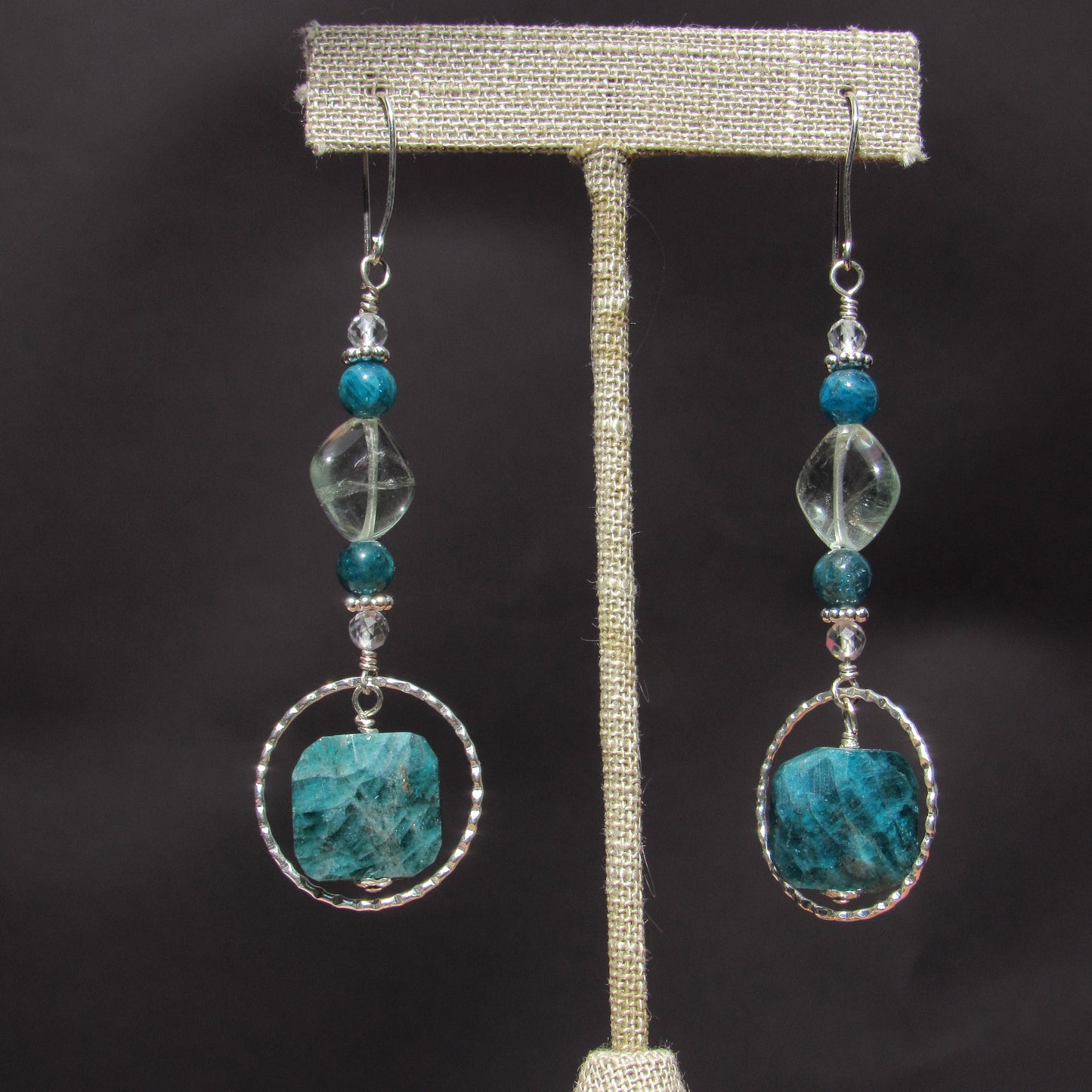 Apatite, Fluorite, White Topaz, and Sterling Silver Long Drop Earrings