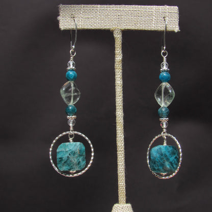 Apatite, Fluorite, White Topaz, and Sterling Silver Long Drop Earrings