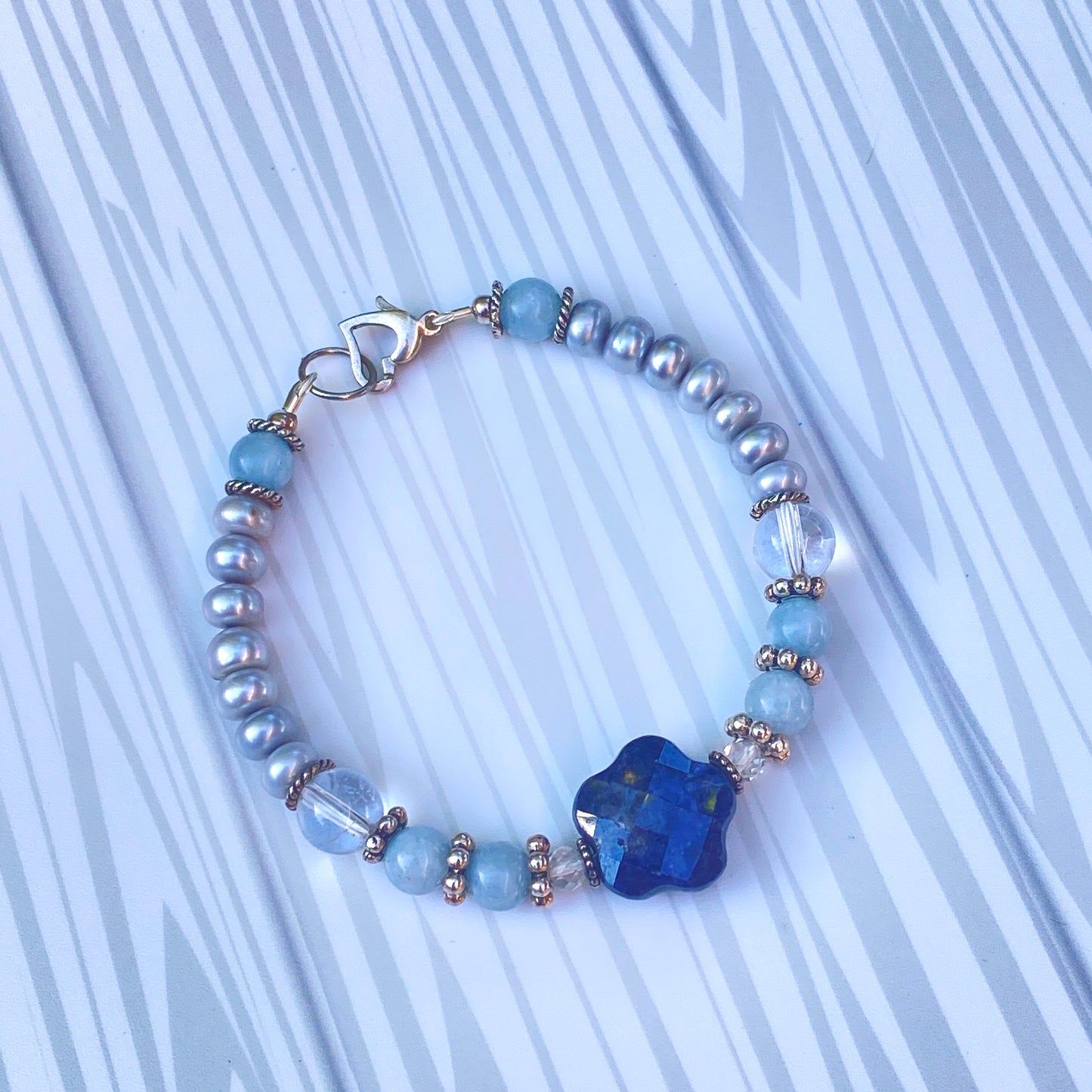 Blue Sapphire gemstone beaded Bracelet with aquamarine and quartz