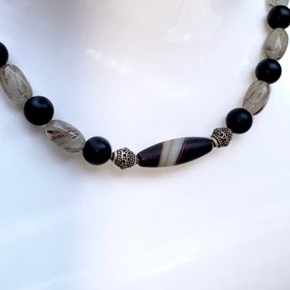 Tibetan Agate, Sterling Silver, Onyx, and Rutilated Quartz,