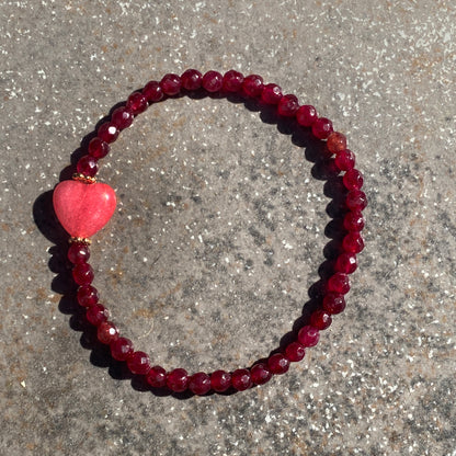 Red Jade bead with Rhodochrosite gemstone Heart, and Copper Bracelet