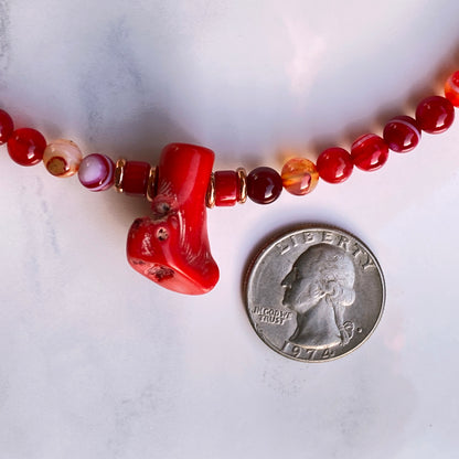 Red Agate gemstone, Copper, and Coral necklace