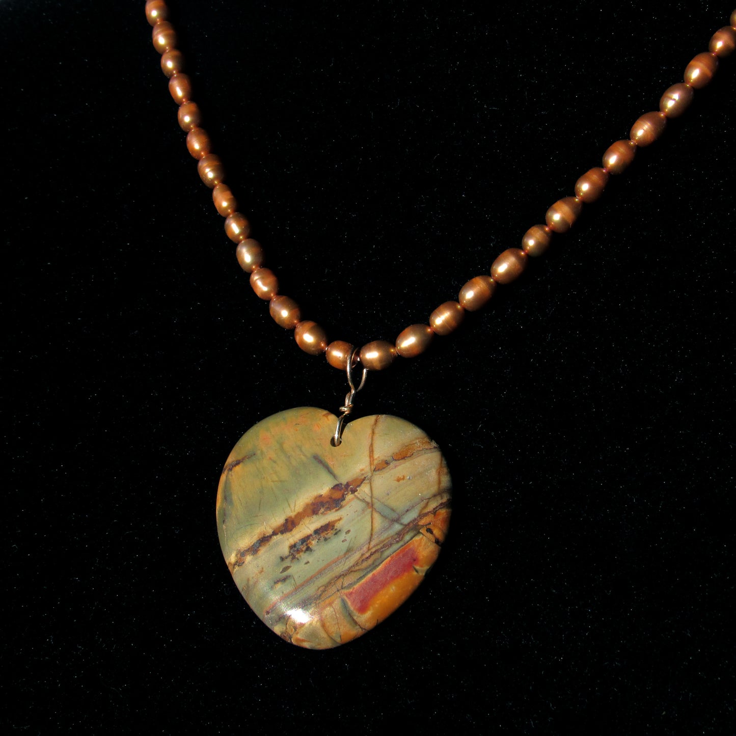 Picasso Jasper gemstone Heart on genuine Pearls necklace