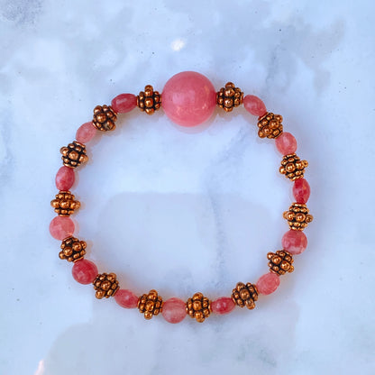 Rhodochrosite gemstone and copper stretch bracelet